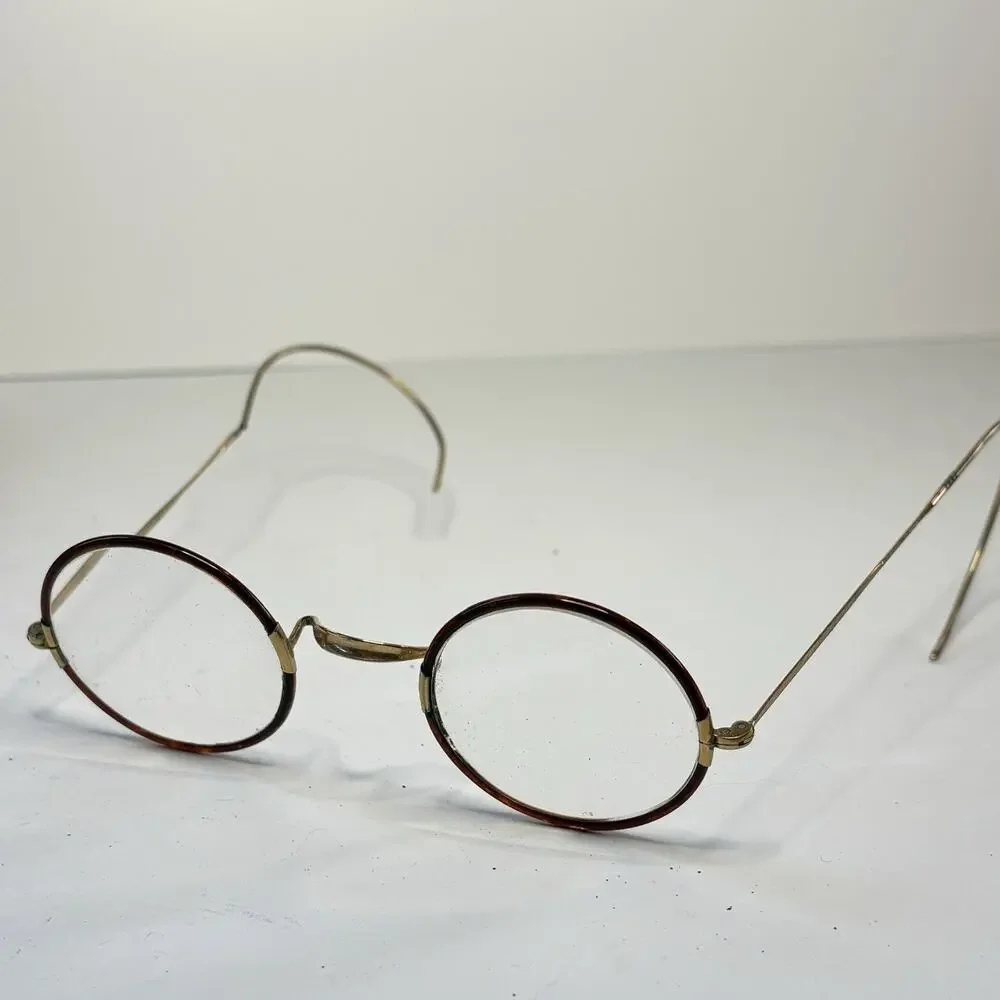 Antique 1/10 12K GF Horn Rim Eyeglasses Round Cable Temple Frames Case AS IS